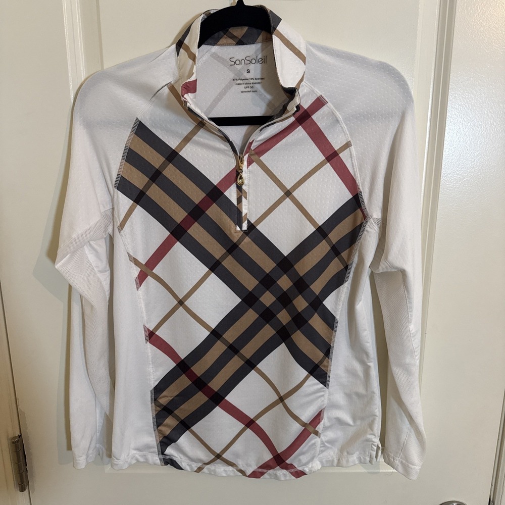 SanSoleil Pullover Top Long Sleeve Shirt Women Small White and Plaid UPF 50 Golf